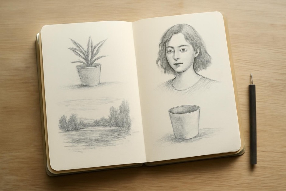 Open sketchbook with small studies