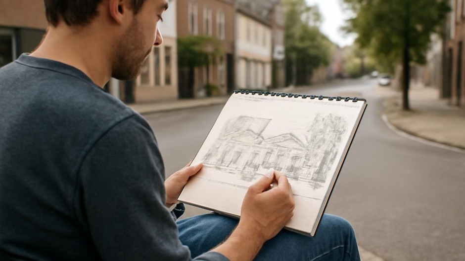 Artist sketching a street scene