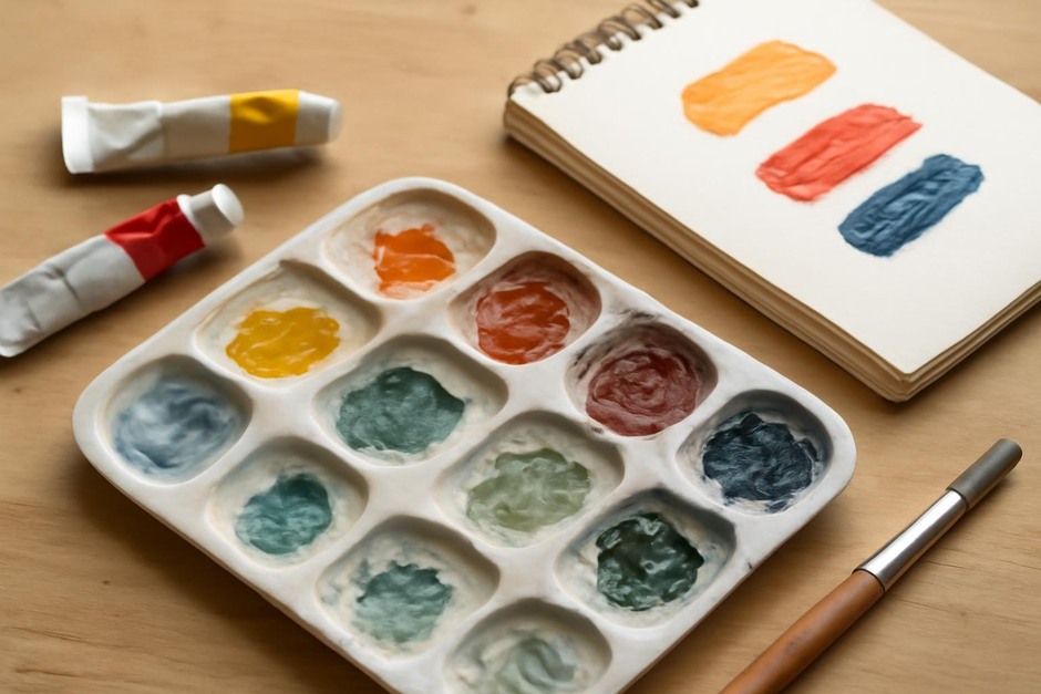 Palette of mixed acrylic colours