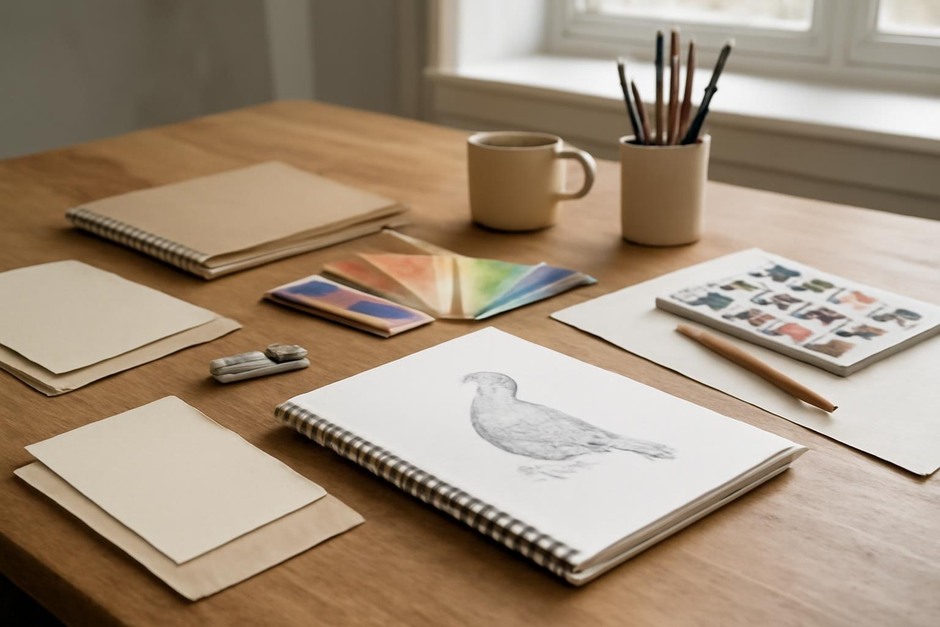 Abstract art desk with color swatches, brush marks, and sketchbook studies.