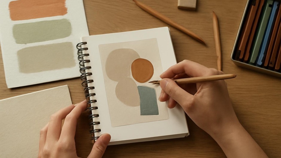 Bright studio image with paint textures, paper layers, and geometric color blocks.